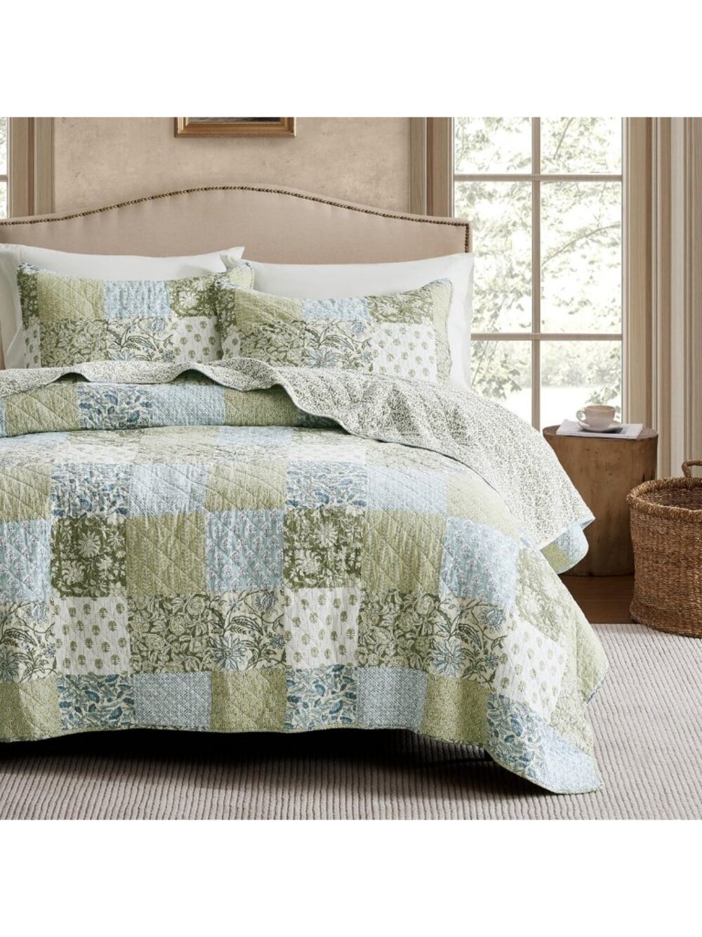 King Size 100% Cotton Reversible Patchwork Quilt Set - Lightweight Floral